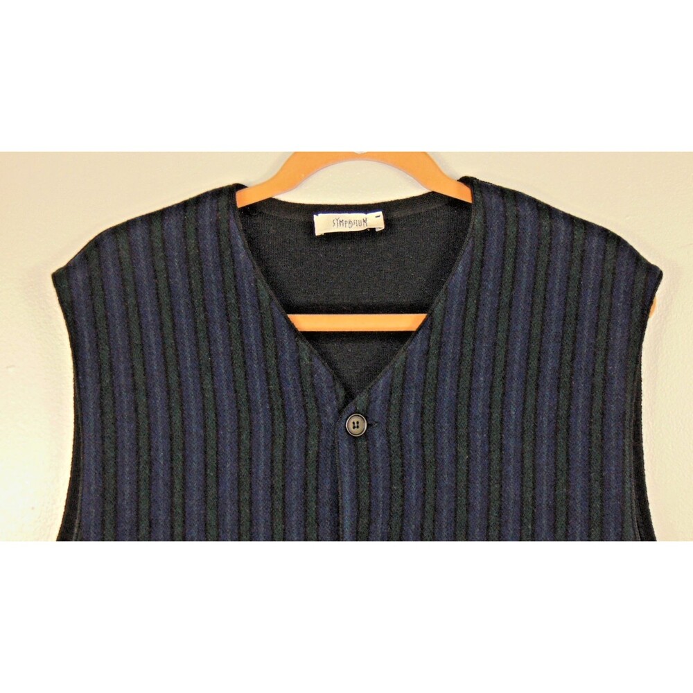 VTG Symposium Sweater Vest Mens XL Wool Blend Cardigan Knit Grandpa Blue Black - Picture 2 of 6